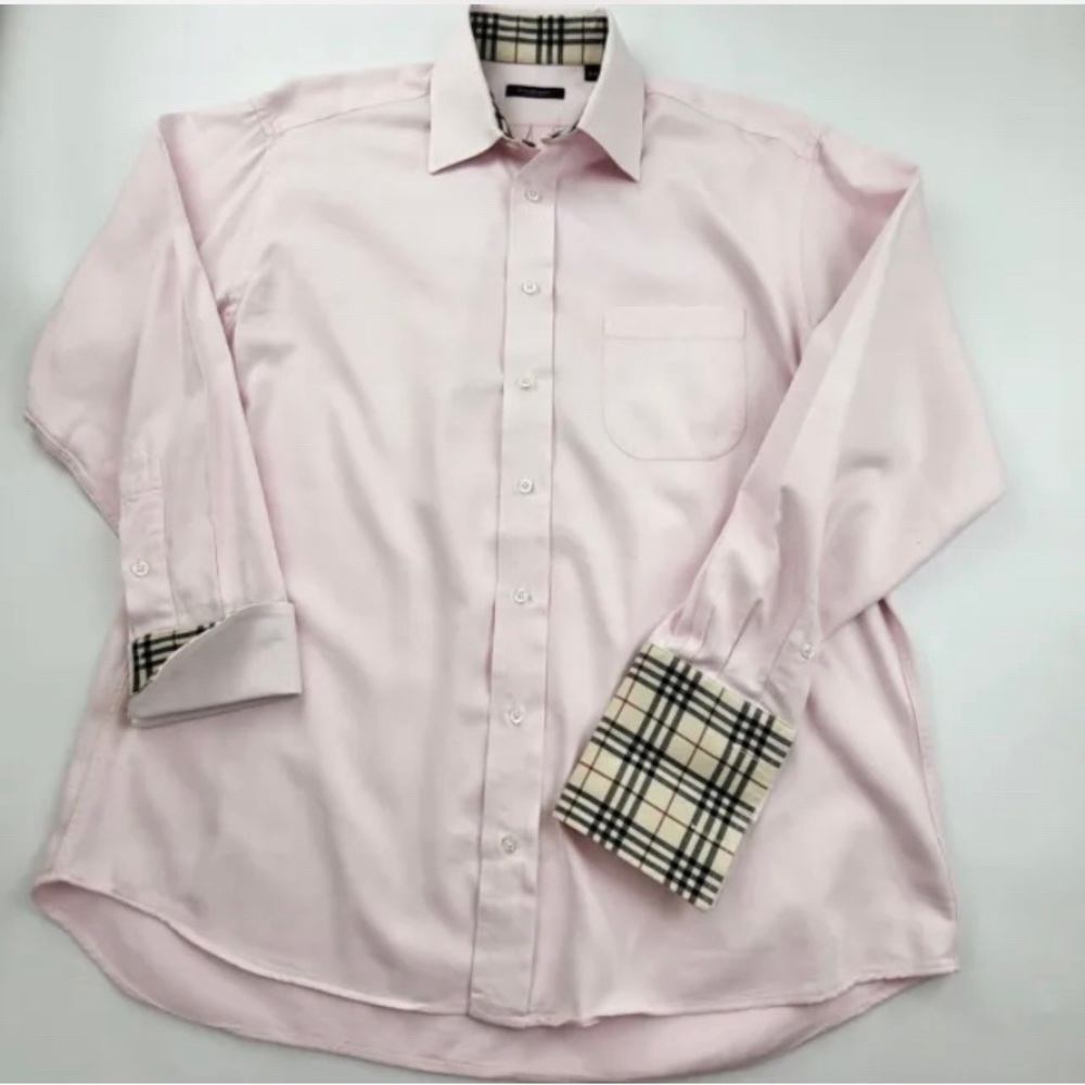 Burberry Pink Dress Shirt w/ Burberry Plaid Collar and Cuffs